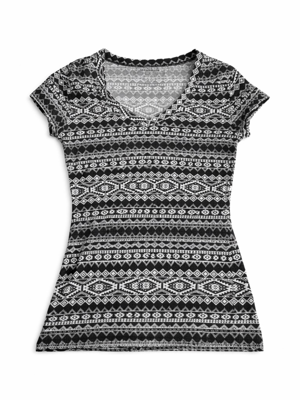 Women's Black & White Aztec V-Neck Short Sleeve Tee